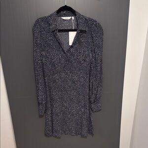 Navy Dress with Notched Collar and Bishop Sleeves